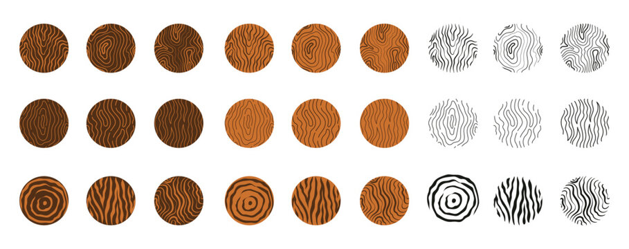 Wood Texture Circle Logo Set, Natural Timber Grain Symbols, Rustic Wooden Marks