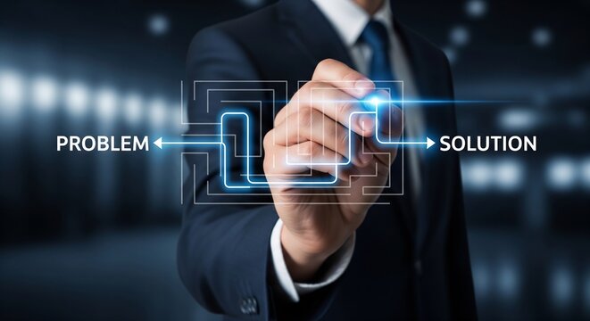 Businessman drawing a path through a digital maze from problem to solu