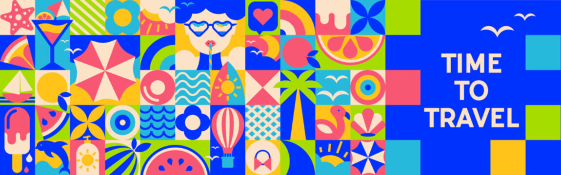 Time to travel, Summer geometric mosaic banner with abstract pattern, sea elements,