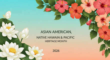 Obraz premium Stylized hibiscus and lotus flowers adorn a gradient background, symbolizing heritage and celebration, ideal for cultural events and announcements.