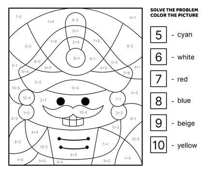 Black and white Nutcracker. Solve the problem, color the picture. Addition, Subtraction. Coloring book. Kawaii, cartoon, vector. Isolated vector illustration eps 10
