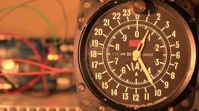 Vintage Aviation Navigator Clock with Sweeping Second Hand and Exposed Circuitry for Retro Technology Concepts