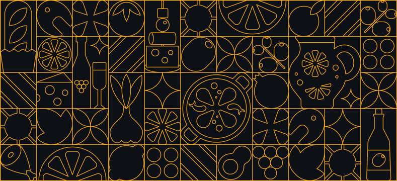 Market banner and seamless pattern in art deco line art style, food and grocery symbols illustration