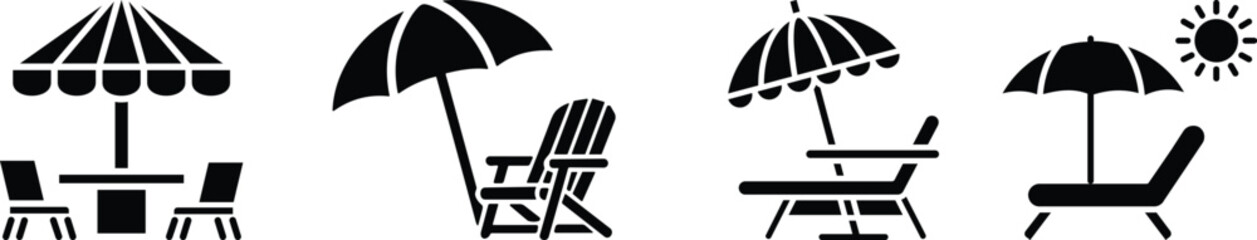 Beach chair and umbrella icon set summer vacation and relaxation concept vector illustration of beach chair and umbrella. sunbed and umbrella, sea, icon for vacationers, vector. © MR Vector Store