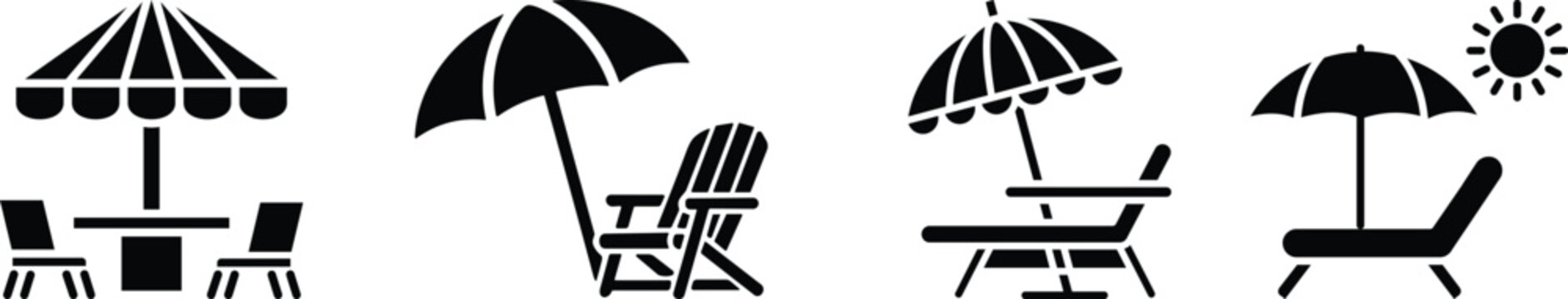 Beach chair and umbrella icon set summer vacation and relaxation concept vector illustration of beach chair and umbrella. sunbed and umbrella, sea, icon for vacationers, vector.