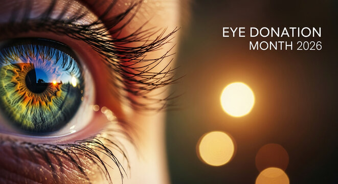 Extreme close-up of a human eye, reflecting a sunset, symbolizing hope, new beginnings, and the gift of sight, ideal for awareness campaigns.