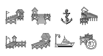 Fototapeta premium Beach and nautical icons set linear style black and white