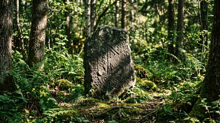 Fototapeta premium Rune stone standing in mossy forest with dappled sunlight