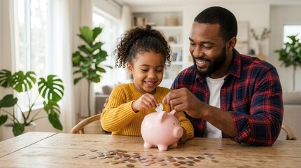 Fototapeta premium Happy father teaching his daughter about saving money with a pink piggy bank.