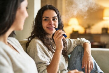 Woman using a vape pen, exhaling smoke while relaxing and talking with friend © Asier