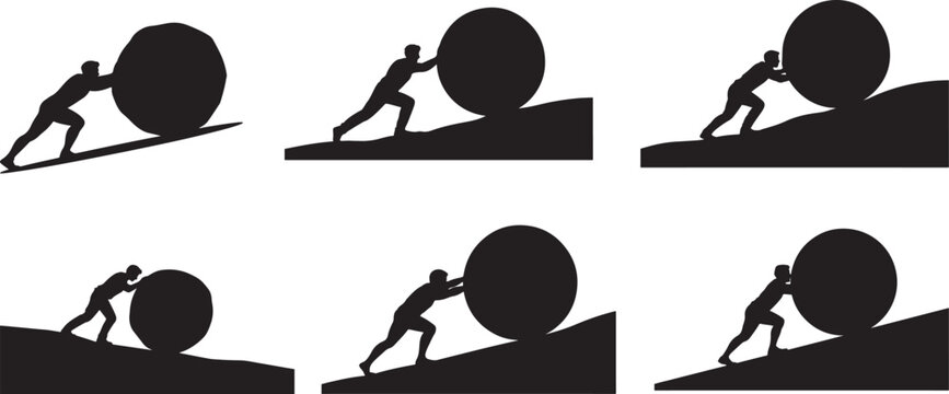 Set of Man Pushing Boulder Uphill Silhouette &ndash; Struggle, Perseverance, Sisyphus Concept Black Vector Illustration