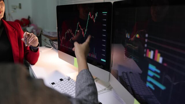 Asian businesswoman analyzing financial data and candlestick charts on computer screens. They are discussing investment strategies in a modern office.