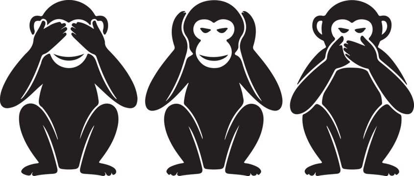Three Wise Monkeys Silhouette Icon &ndash; See No Evil, Hear No Evil, Speak No Evil Symbol, Black Vector Illustration