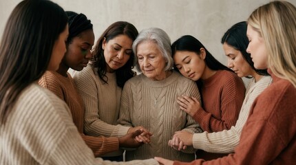 Fototapeta premium Multi-generational women forming a circle of support around an older woman.