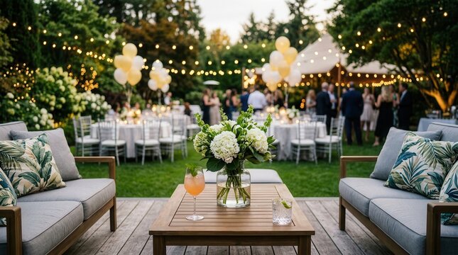 Elegant garden party setup with tables, chairs, and floral arrangements on a green lawn.