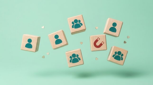Wooden cubes with customer awareness icons for increasing customer loyalty and brand awareness.