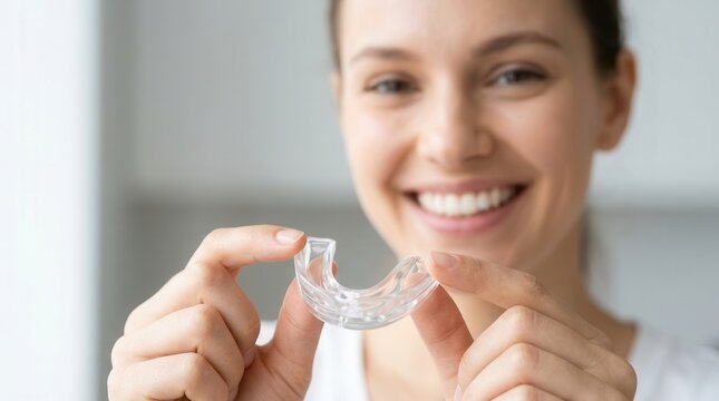 Smiling woman holding a clear dental mouthguard for teeth grinding protection.