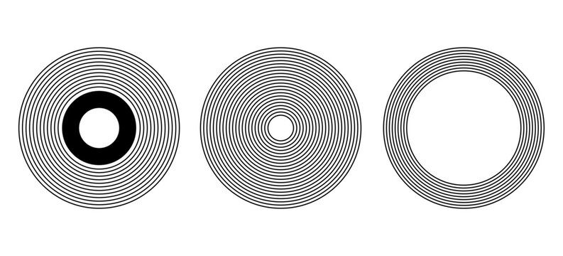 Black concentric circle set. Sonar or sound wave ring collection. Dotted and linear epicentre, target, radar icon concept. Ripple radial signal or vibration elements.