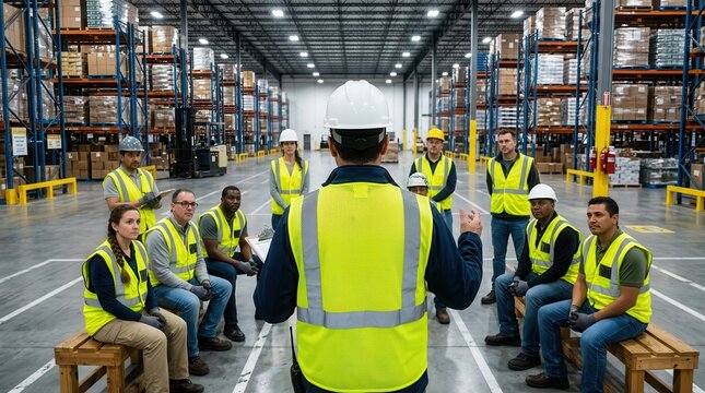 A male supervisor wearing a safety vest leads a team of industrial workers in a large warehouse.
