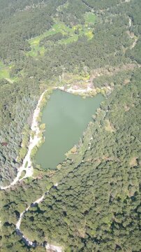 Aerial View of Karagol Lake Surrounded by Dense Green Pine Forest in Izmir Turkey. High quality 4k footage