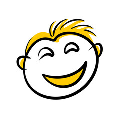 Fototapeta premium Smiling boy face with closed eyes and yellow hair vector icon on transparent background.