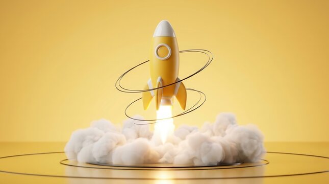 A rocket launching on a vibrant yellow background to symbolize a new project and start-up.