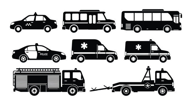 Vehicle silhouettes set including taxi bus police car and ambulance