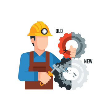 Worker holding old and new gears, concept of upgrade and improvement