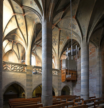 Mustair, Switzerland - Interior of an ancient church in Benedictine Convent of Saint John at M&uuml;stair was established in the 8th century. Convent of St John at M&uuml;stair is UNESCO World Heritage Site