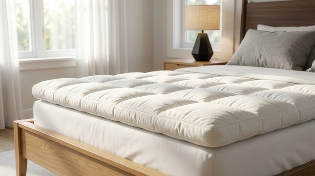 White quilted memory foam mattress topper on a wooden bed frame in a sunlit modern bedroom.
