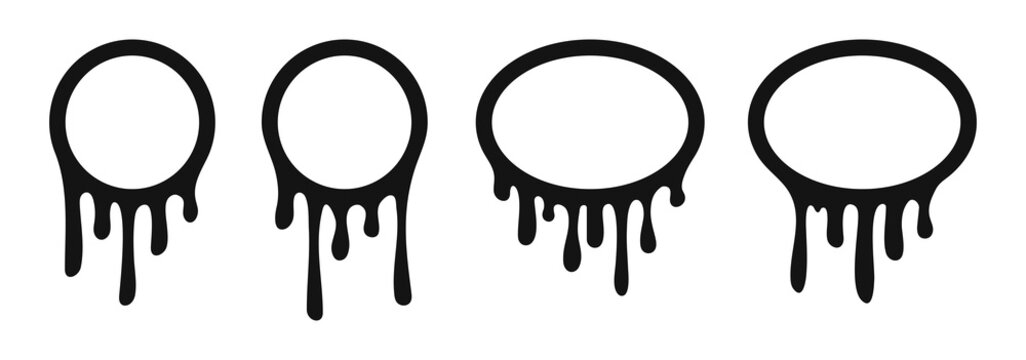 Black dripping paint frames, circular and oval liquid borders, ink flow stains and drops illustration, melting circles on transparent background