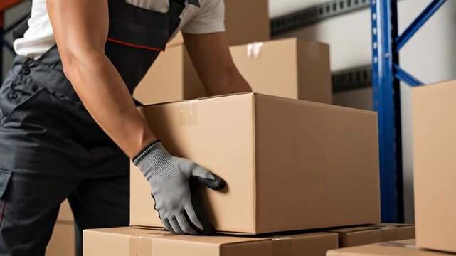 Man mover loading cardboard box onto warehouse shelf. Professional worker stacking carton package for storage. Logistics service and home relocation industry task.