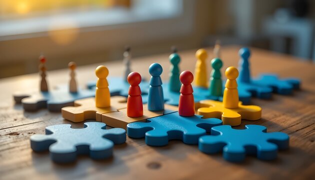 Colorful puzzle pieces and wooden peg people figures arranged on a wooden table, symbolizing teamwork, collaboration, diversity, and putting together the bigger picture.