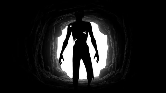 Silhouette of injured human figure standing at cave entrance with bright light