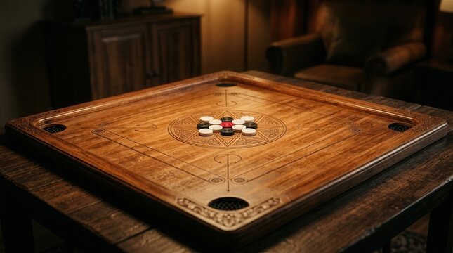 Traditional wooden carrom board with game pieces arranged in the center under warm light.