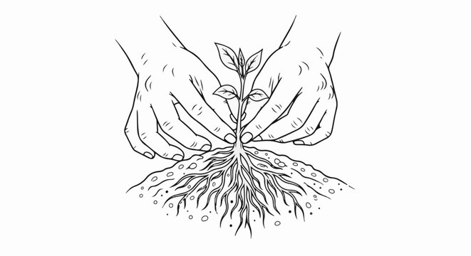 Gentle hands nurture a growing plant with a complex root system in soil