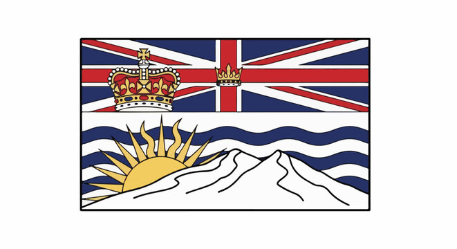 Flag with Union Jack, crowns, sun, and mountains