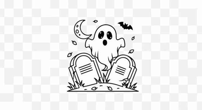 A cartoon ghost floats with wide eyes above tombstones under a crescent moon