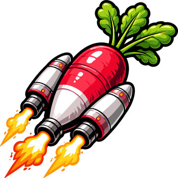 A radish transformed into a rocket booster, complete with engines and fiery exhaust, symbolizing a healthy and innovative launch or growth.