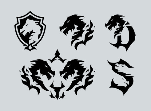 Dragon Logo Set Collection Black Silhouette Fantasy Emblem Pack Heraldic Symbol Bundle Design