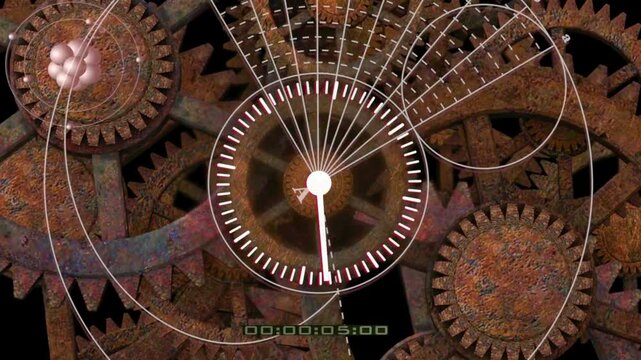 Vintage industrial machinery background featuring revolving rusted cogs and scientific measurements for time management and evolution themes.
