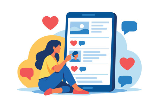 Social media concept showing woman browsing feed with likes messages and app icons