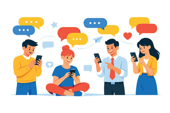 Online communication concept with people sending messages using smartphones and chat icons