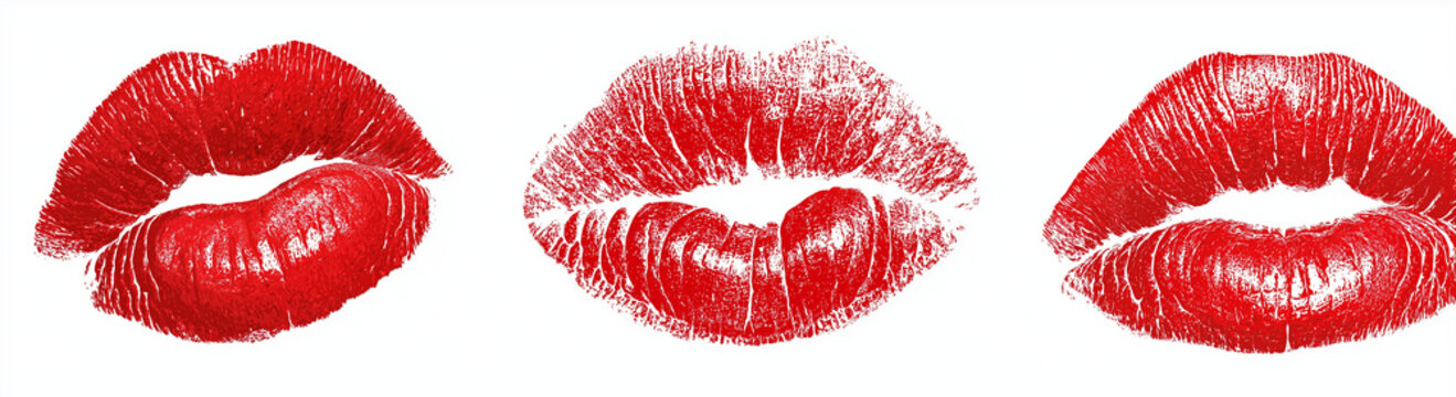 hree distinct red lip kiss marks in the shape of a heart, in a clip art style, isolated on a white background, in a high-resolution, photorealistic image