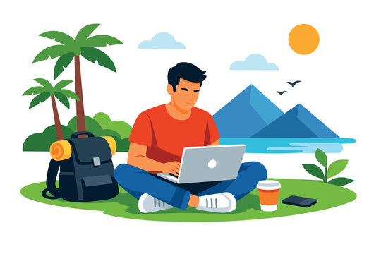 Remote communication concept showing man sending emails using laptop at home