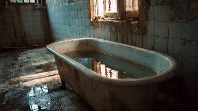 abandoned old bathroom with bathtub full of water