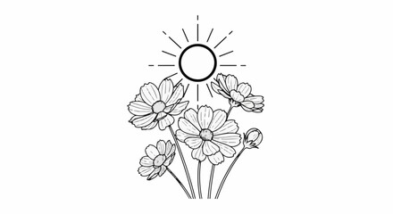 Fototapeta premium Stylized sun shining on a bouquet of blooming daisies with a bud