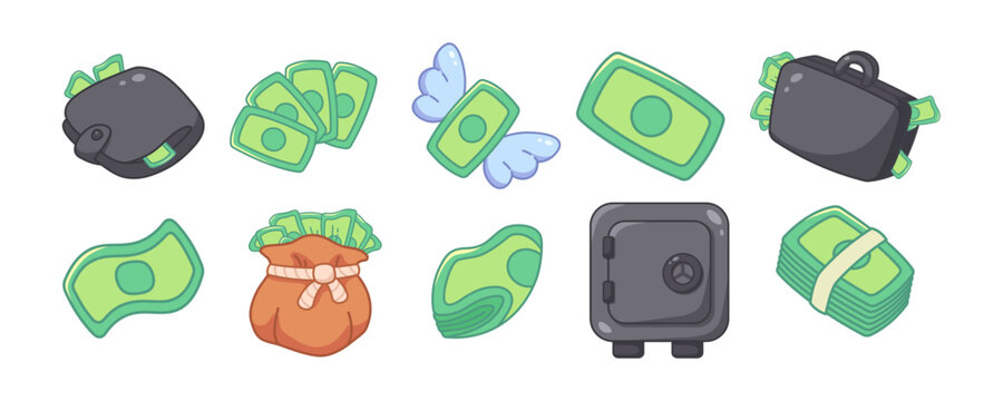 Set of financial and currency icons with green paper banknotes. Money, vector icons for apps, cozy games, children