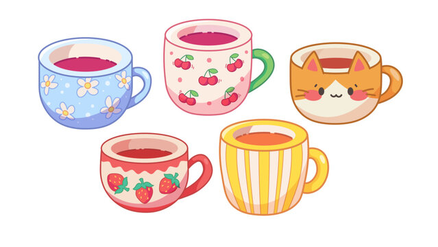Set of cute mugs. Cute drawn cups, mugs, drinks on white background. Vector cartoon illustration