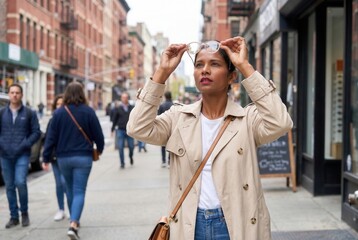 Fototapeta premium Woman lifting glasses from her eyes while looking up, surrounded by urban street activity